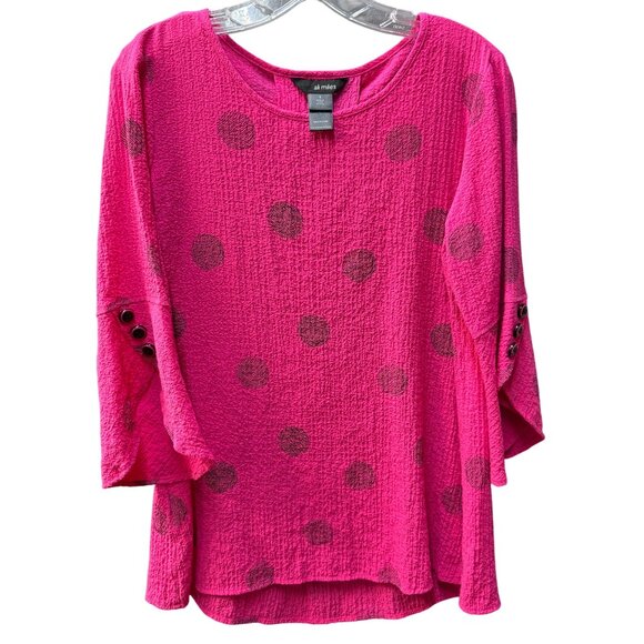 Ali Miles Tops - Ali Miles Crinkle Texture Pink Polka Dot Blouse With Button Accents Womens S